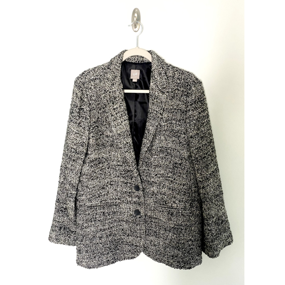 J.Jill Black White Tweed Cotton Blend 2 Button Blazer Size Large